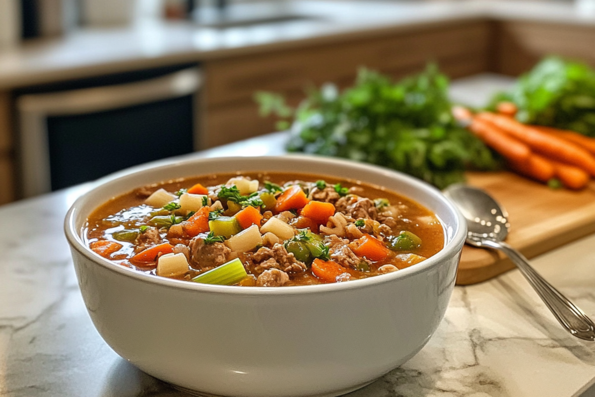 4 ingredient crockpot soup in a bowl with fresh herbs