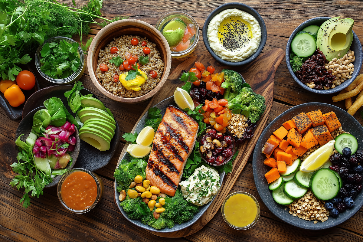 A rustic kitchen table featuring slow carb dishes like grilled chicken with broccoli, black bean salad, and vegetable stir-fry, surrounded by fresh produce and herbs.