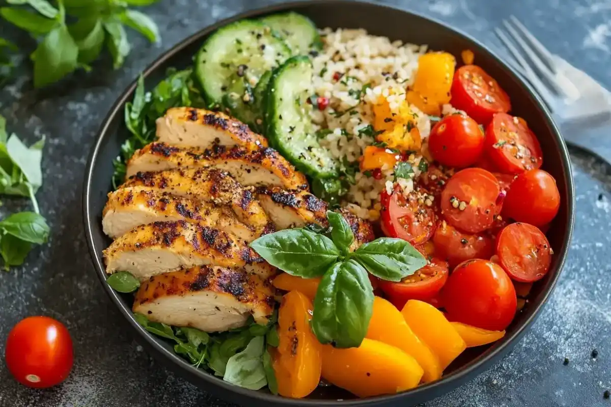 Fresh low histamine ingredients, including pears, spinach, zucchini, quinoa, and raw chicken, arranged on a wooden table.