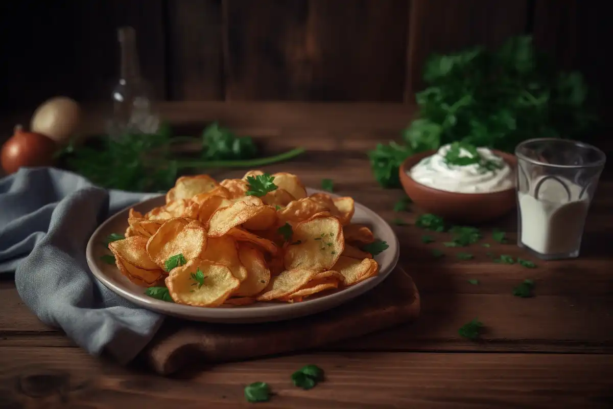 Crispy cottage cheese chips on a rustic plate with a yogurt dip.