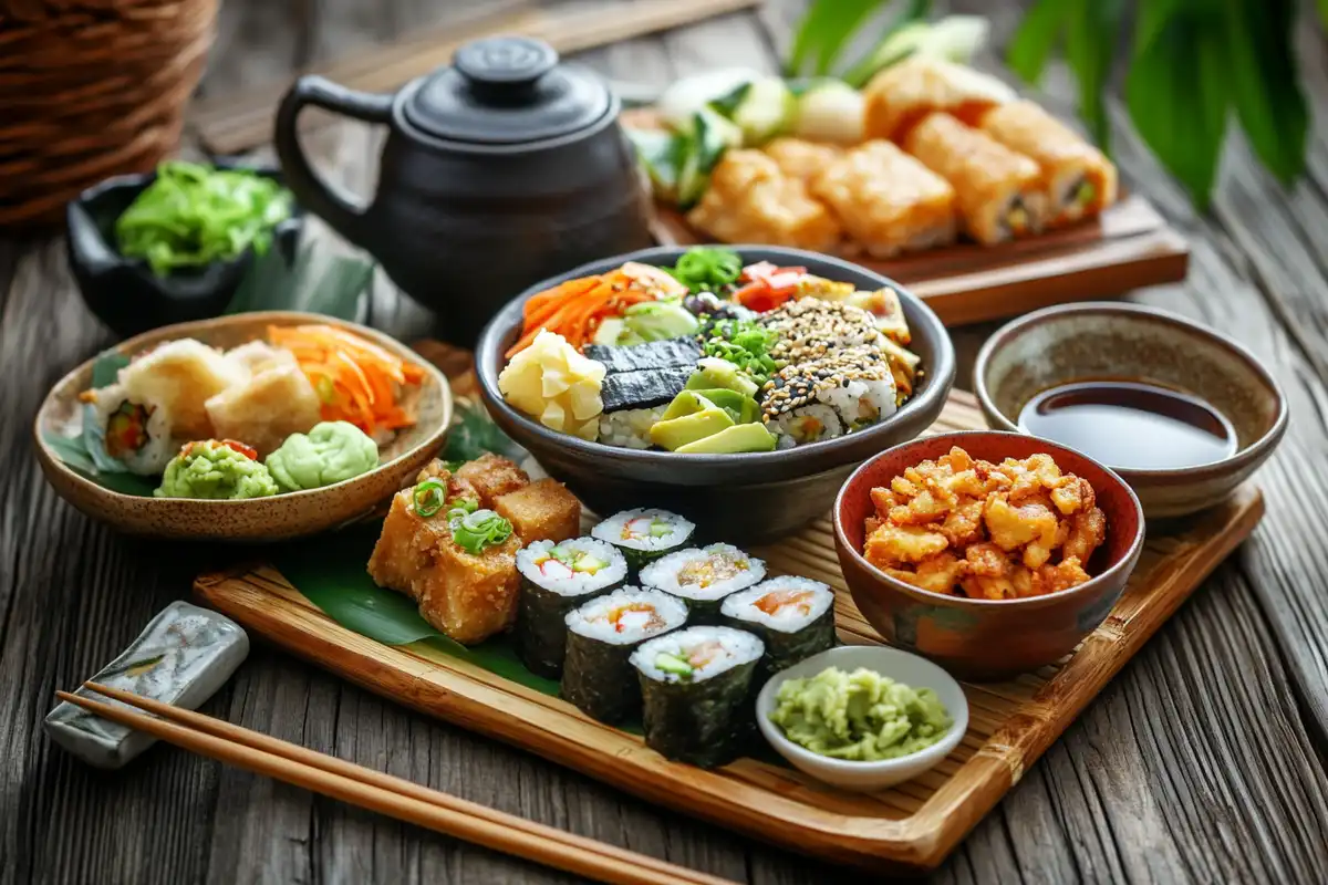 A vibrant vegan Japanese meal featuring sushi, ramen, tempura, and traditional sides.