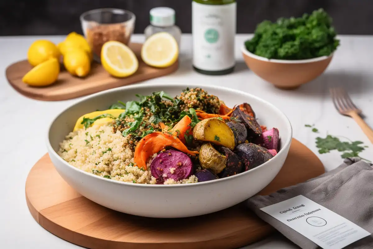 A vibrant Green Chef recipe featuring a quinoa bowl with roasted vegetables, fresh herbs, and a cozy kitchen in the background.