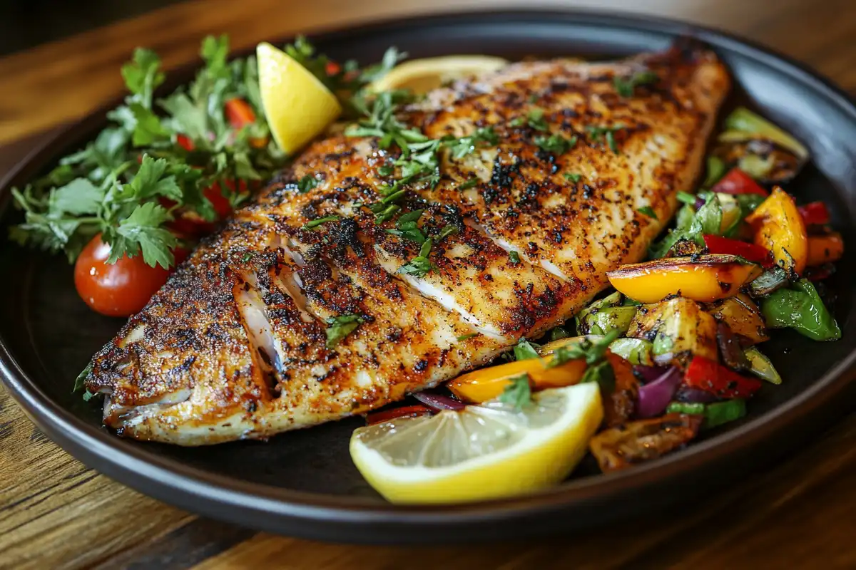 A baked whole tilapia garnished with herbs and lemon.