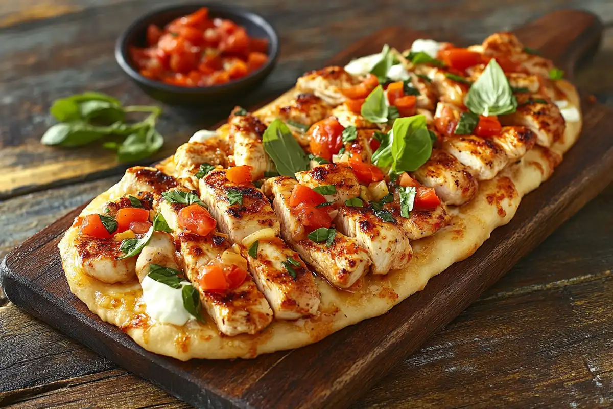 A perfectly baked chicken flatbread topped with golden chicken, melted mozzarella, diced tomatoes, and fresh basil on a rustic wooden board.