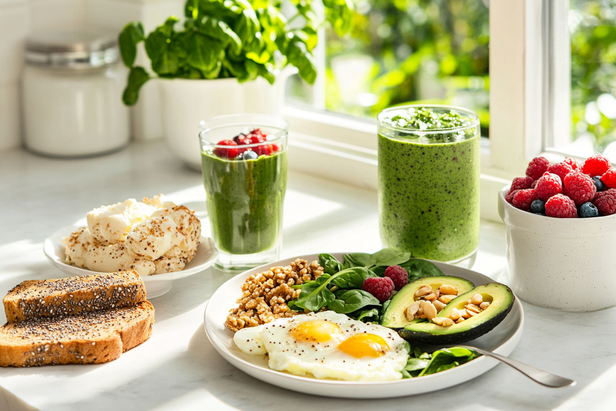 A healthy high-protein breakfast spread including scrambled eggs, avocado, Greek yogurt parfait, smoothie, and whole-grain toast with almond butter.