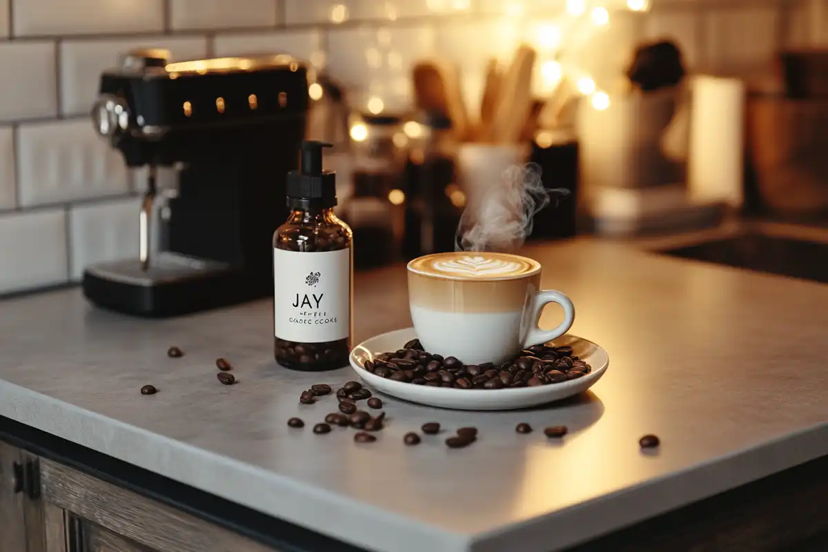 A bottle of Javy Coffee Concentrate next to a steaming latte with latte art on a cozy kitchen counter.