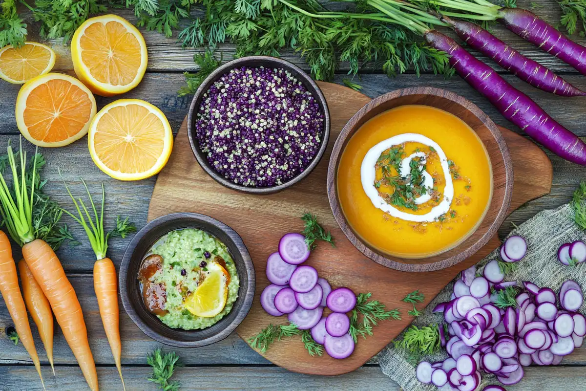 An assortment of purple carrot recipes, including roasted carrots, creamy soup, and quinoa salad, on a rustic kitchen table.