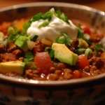 Serving of low sodium chili topped with avocado, yogurt, and green onions.