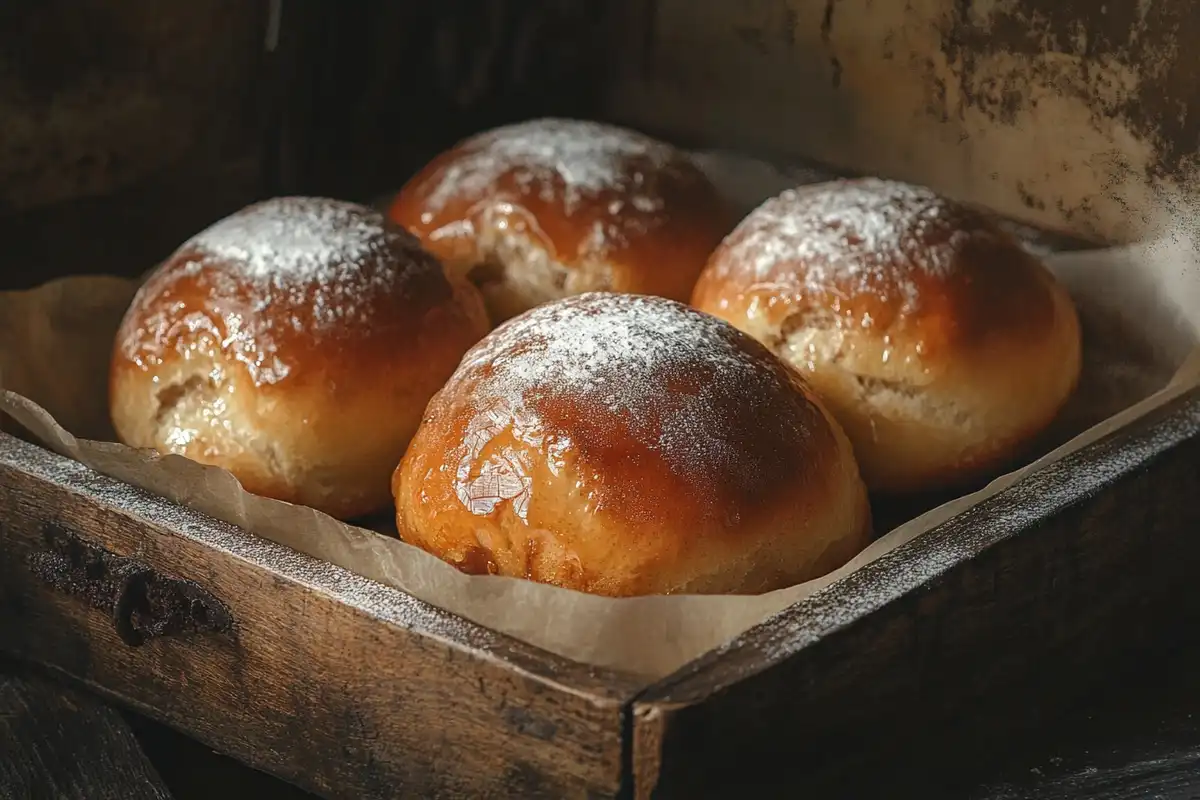 Freshly baked chocolate buns with melted chocolate oozing out