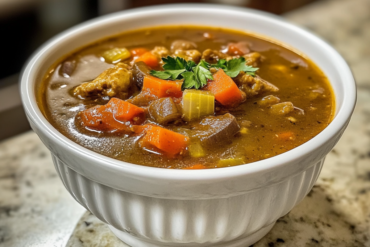 A bowl of swamp soup on a rustic kitchen counter with natural light and casual presentation