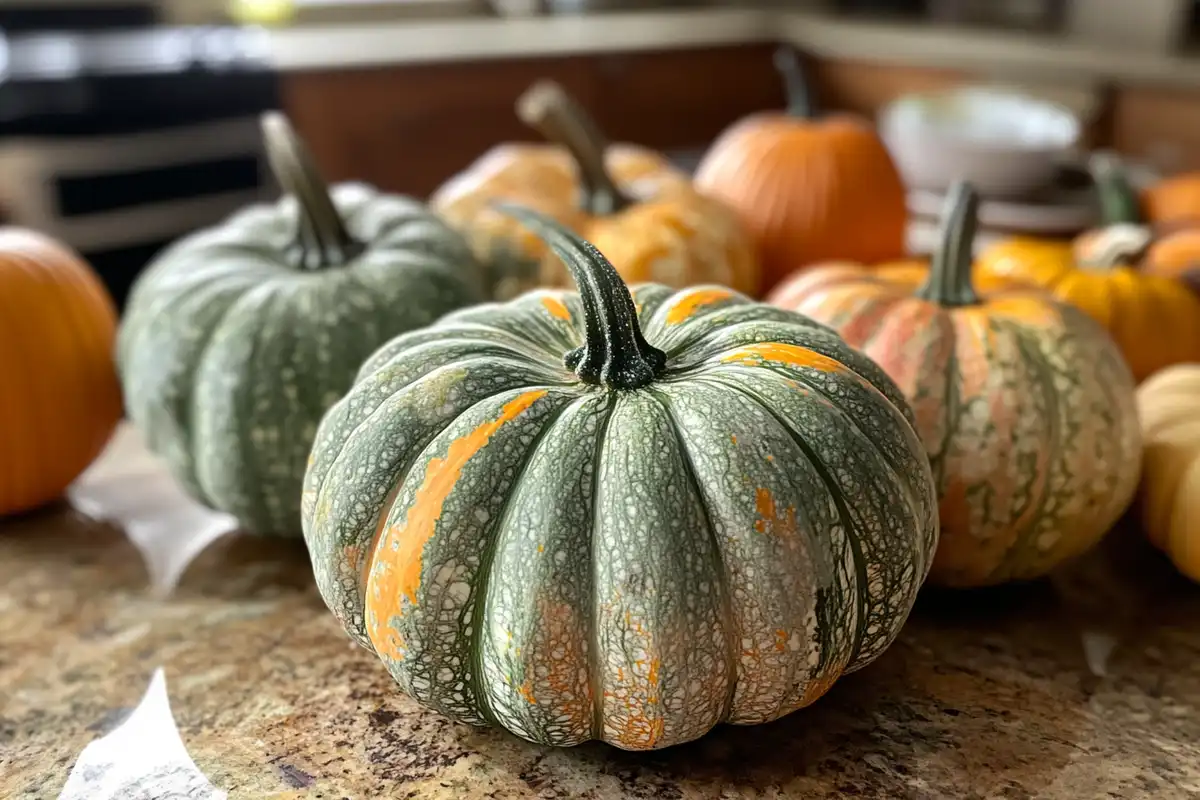 Close-up of carnival squash in a rustic kitchen taken with an iPhone 15