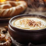 Pretzel cheese dip with soft pretzels on a rustic table.