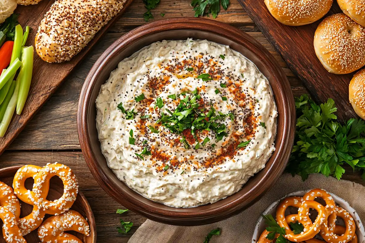 A creamy bagel dip surrounded by fresh bagels, pretzels, and vegetables on a rustic wooden table.