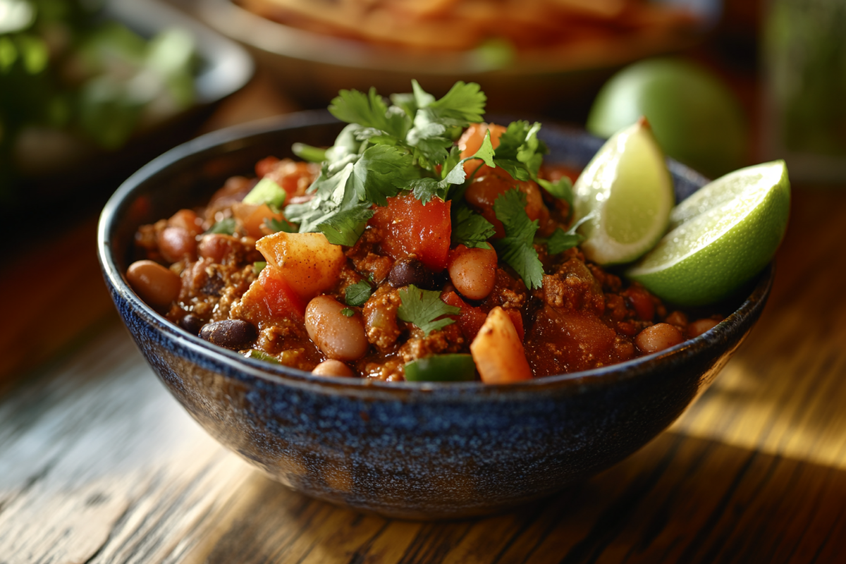 Low sodium chili in a bowl garnished with cilantro and lime wedges on a wooden table.