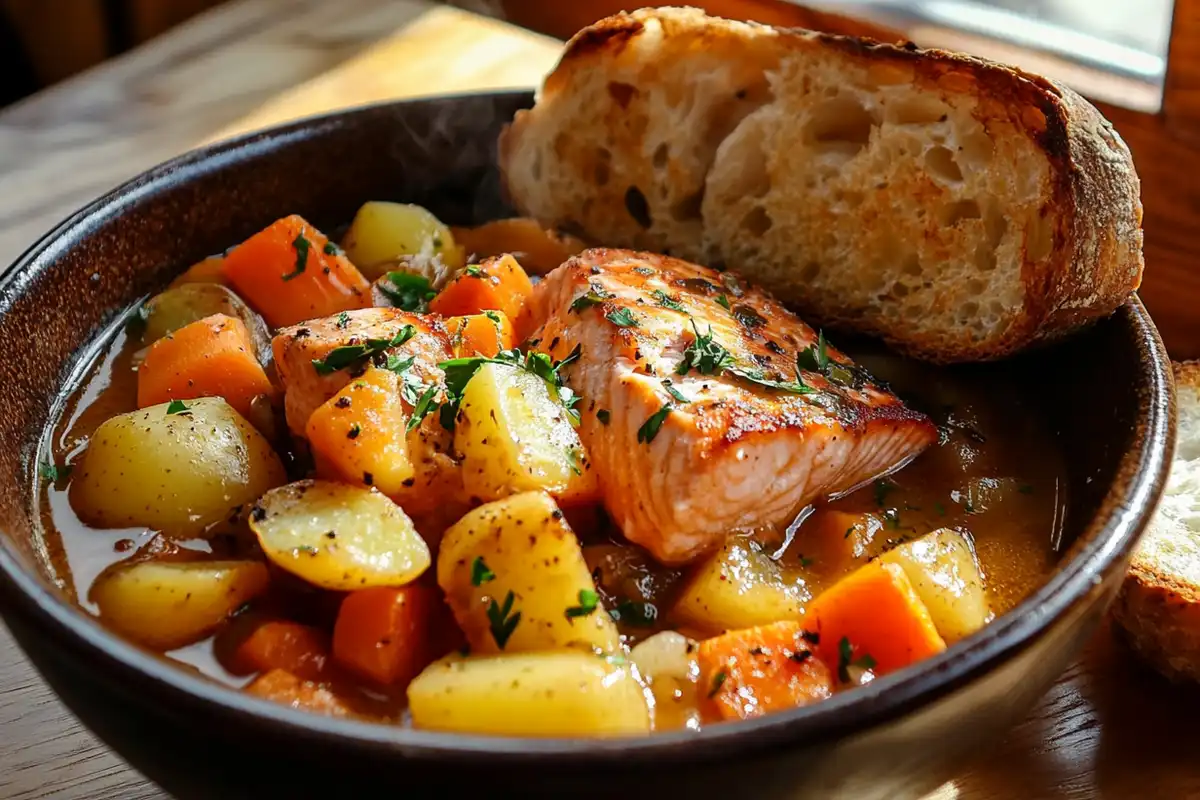 A rustic bowl of salmon stew with vegetables and parsley on a wooden table.