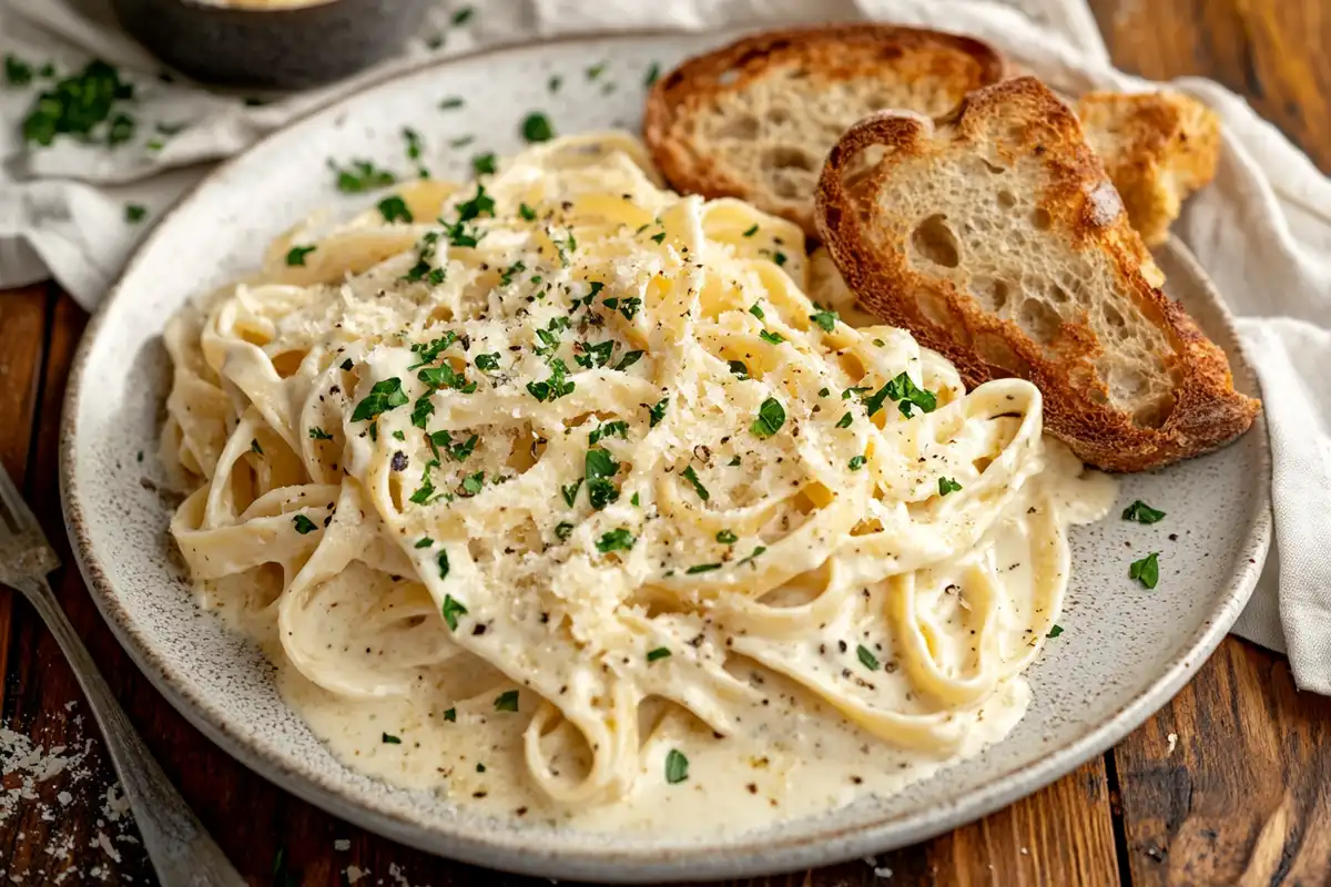 Creamy Parmesan sauce over fettuccine pasta garnished with parsley.