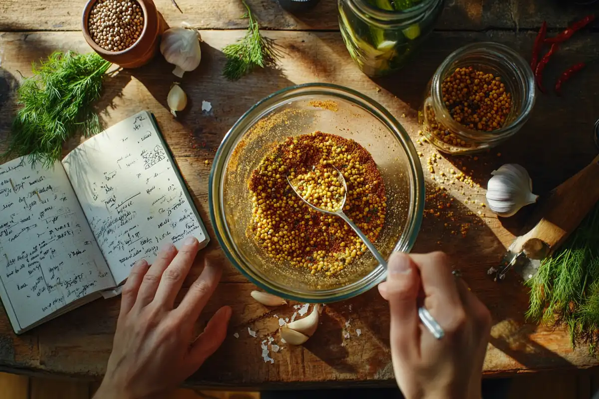 Hands mixing pickle seasoning with fresh ingredients.