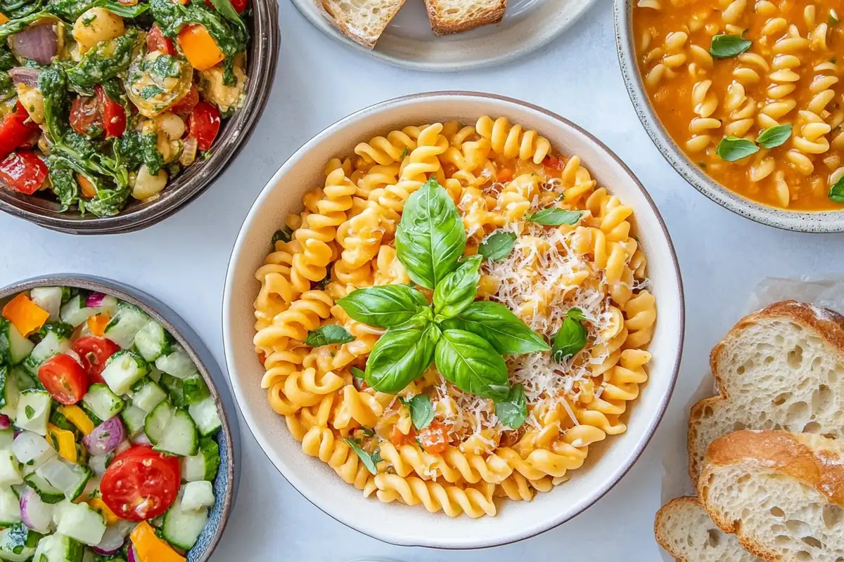 A beautifully styled table with ditalini pasta dishes, including creamy pasta, soup, and salad, surrounded by fresh basil and rustic bread.
