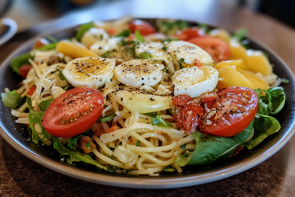 Fresh ingredients for house salad dressing including olive oil, vinegar, Dijon mustard, honey, and herbs arranged on a wooden countertop.