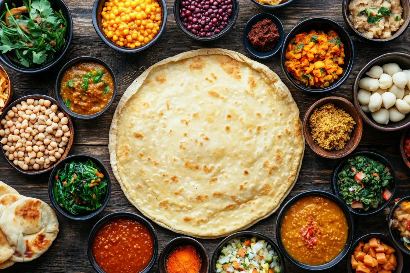 Traditional Ethiopian vegan feast with injera and colorful plant-based stews