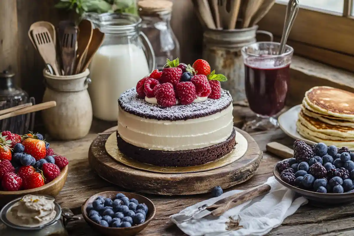 A variety of buttermilk desserts including cake, panna cotta, and pancakes.
