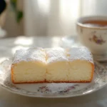 Freshly baked buttermilk pound cake topped with powdered sugar.