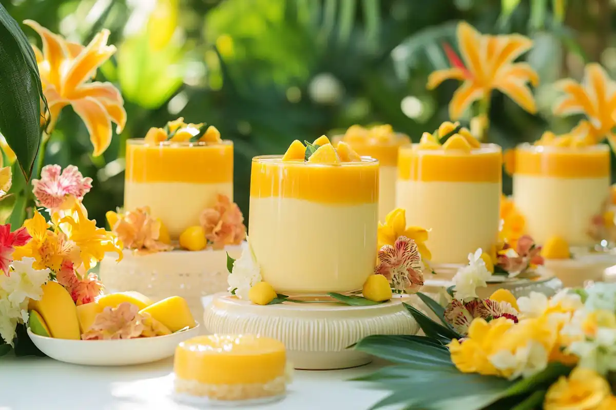 An elegant display of mango desserts styled on a table with tropical accents.