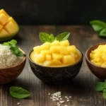 Global mango dessert varieties displayed in colorful bowls.