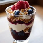 A layered parfait with cottage cheese, berries, and granola.