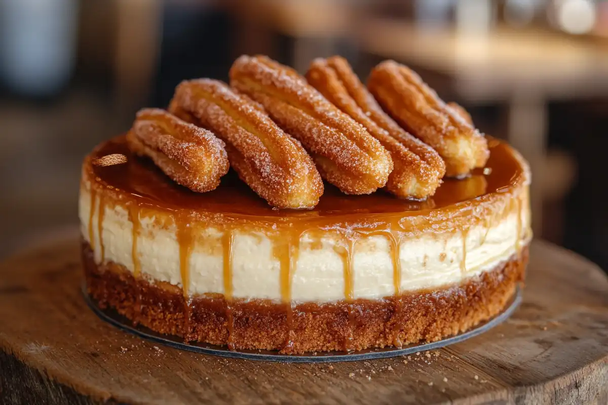 Churro cheesecake with caramel drizzle and churro topping.