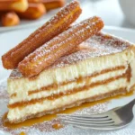 A slice of churro cheesecake served with caramel drizzle.