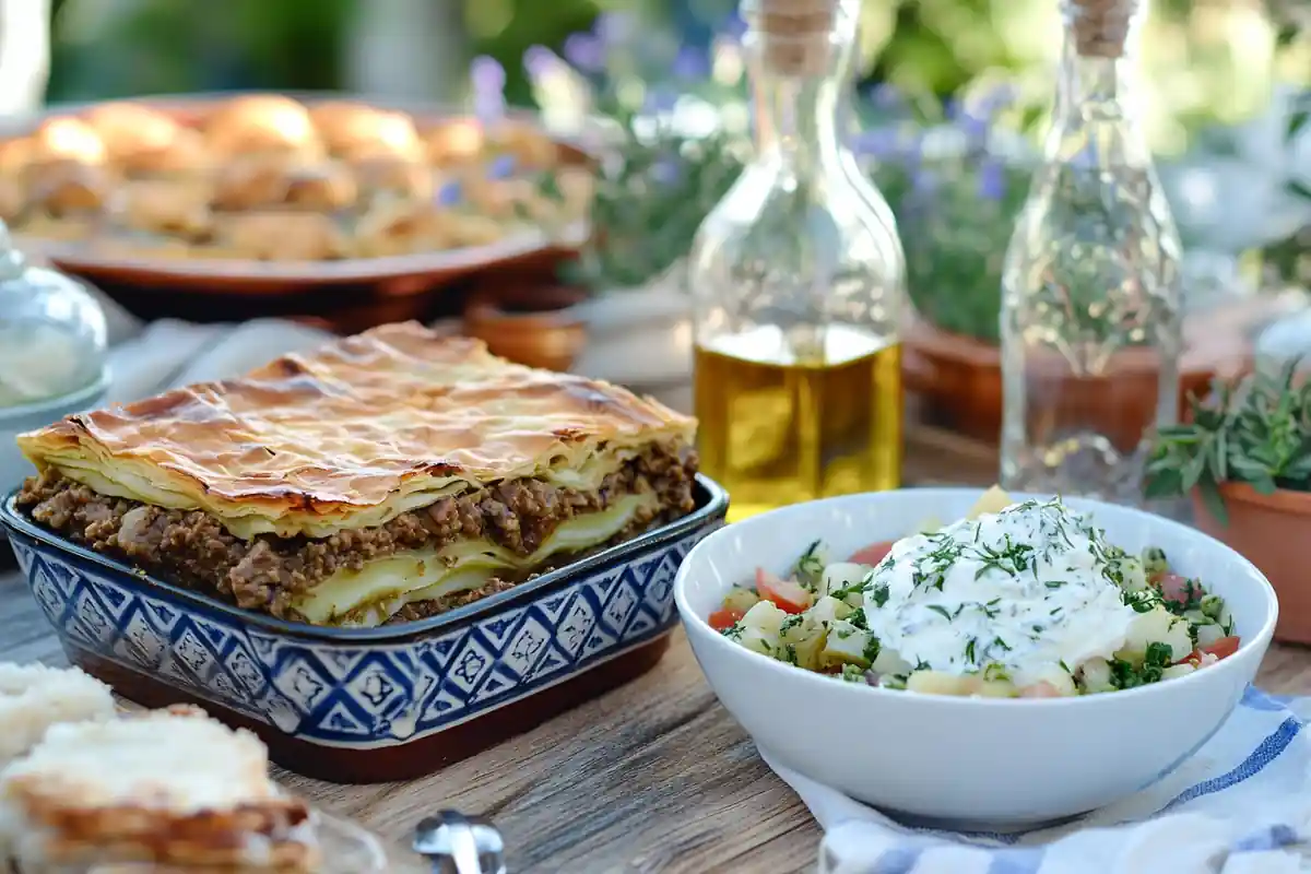 A vibrant display of classic Greek dishes on a rustic table.