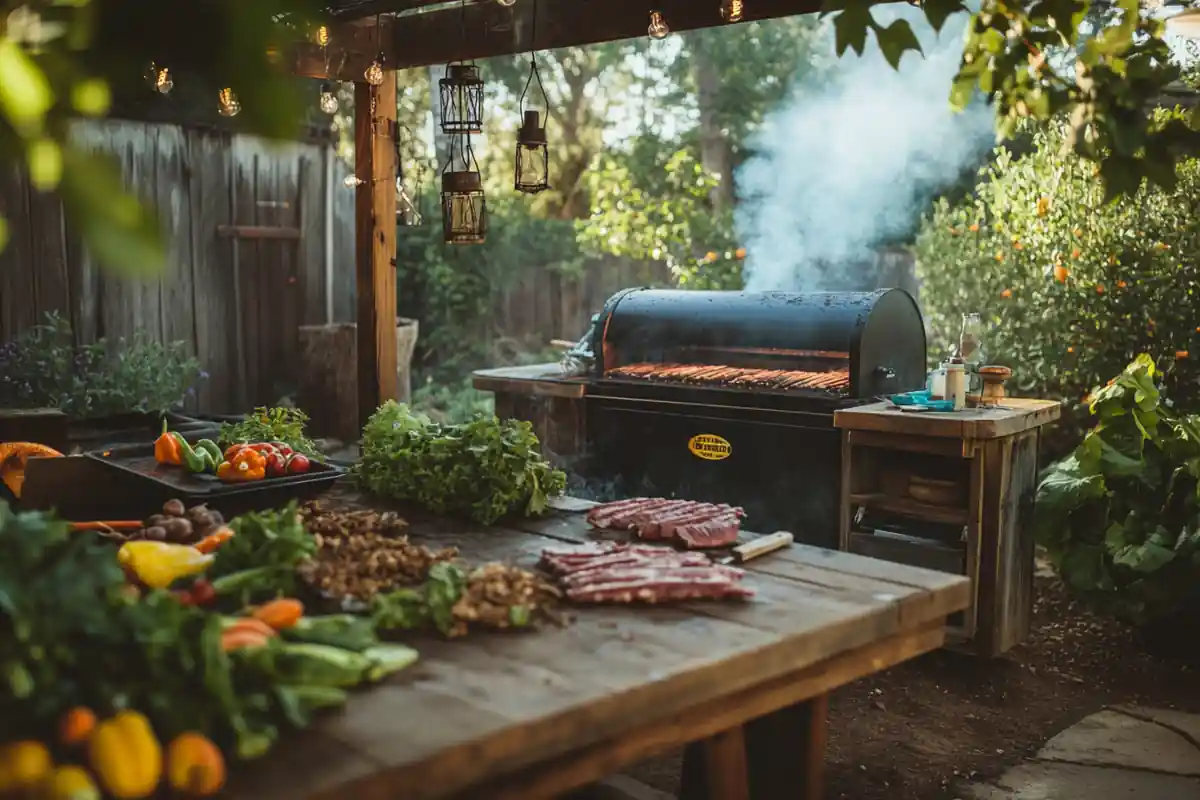 Rustic backyard smoker setup with ingredients.