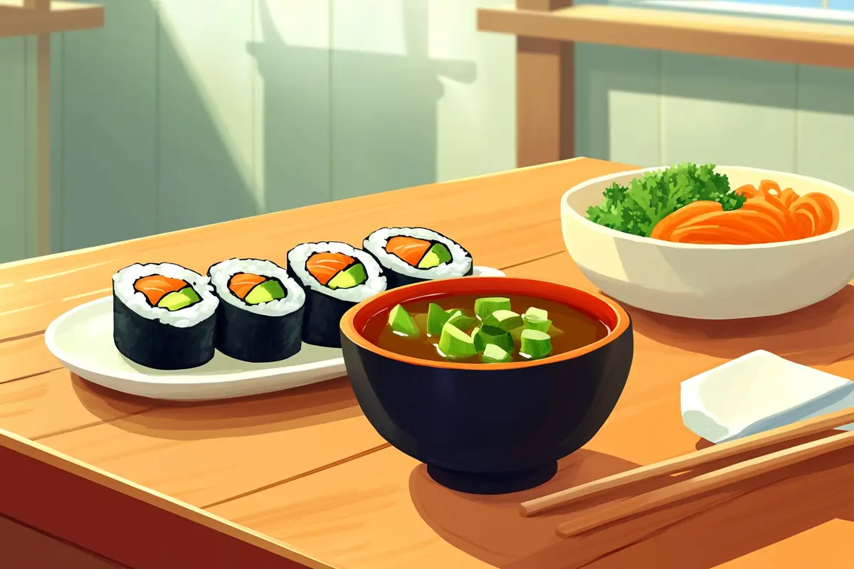 Vegetarian sushi and miso soup served in a traditional Japanese restaurant.