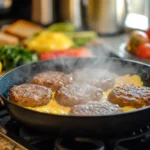 Sizzling Jimmy Dean sausage patties in a skillet
