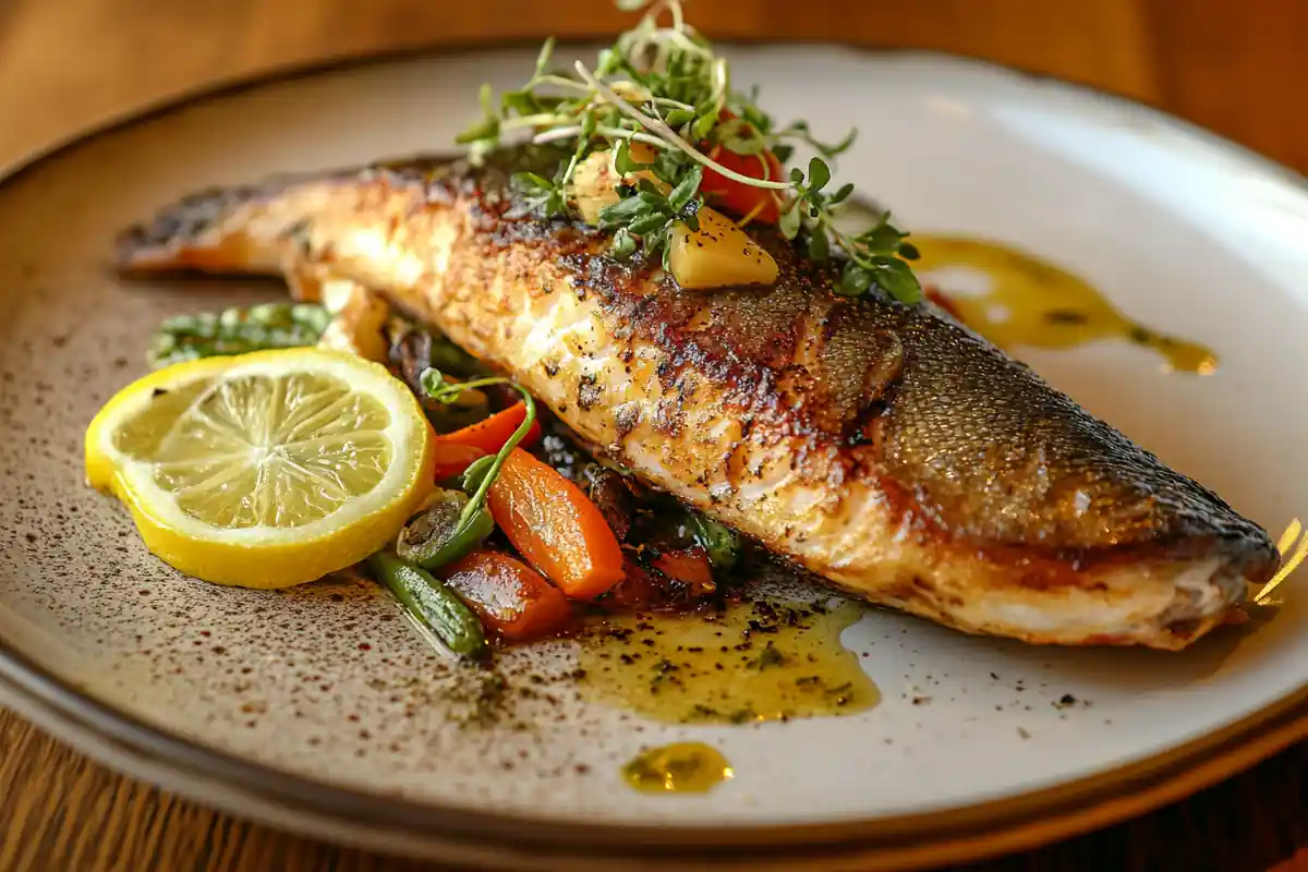 Plated steelhead trout with fresh herbs and lemon.