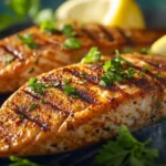 Grilled steelhead trout on a barbecue with lemon and herbs.