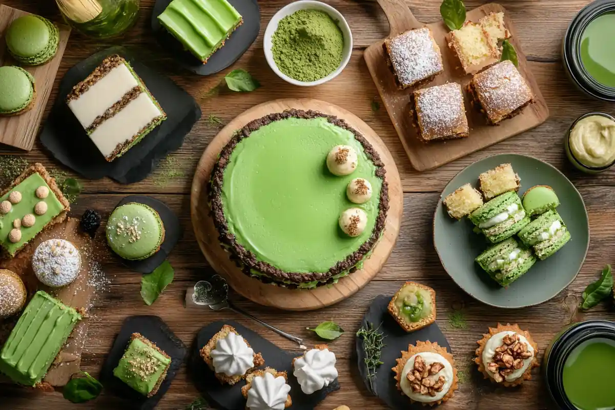 Matcha desserts assortment including cheesecake, cookies, and macarons
